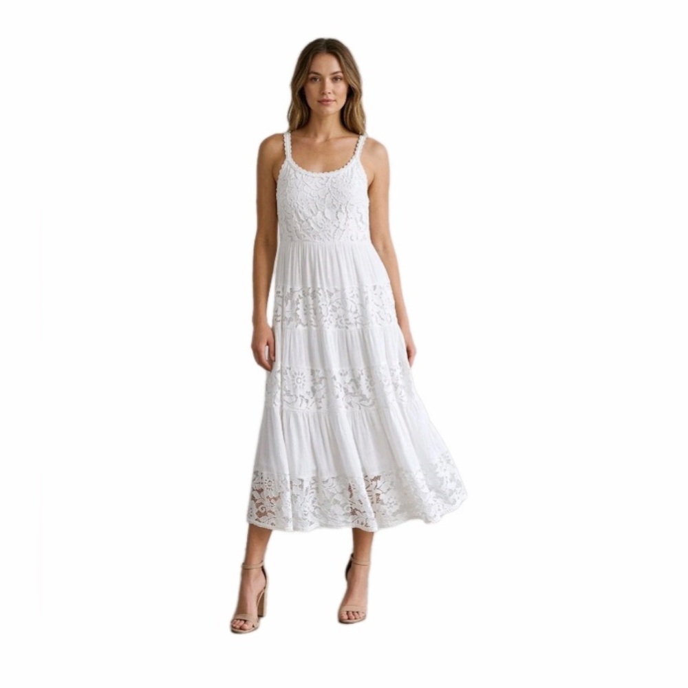 Robbie Bee Floral Lace Tiered Dress Sz M White, Sleeveless, Boho, Lined, Summer